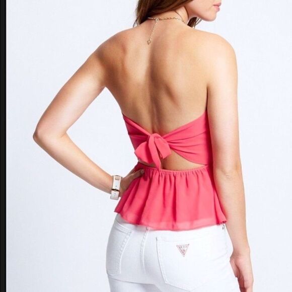NWT Guess pink bustier strapless peplum chiffon top - Picture 2 of 4
